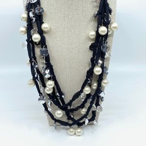 Satin Corded Black Pearl Crystal Necklace Elegant